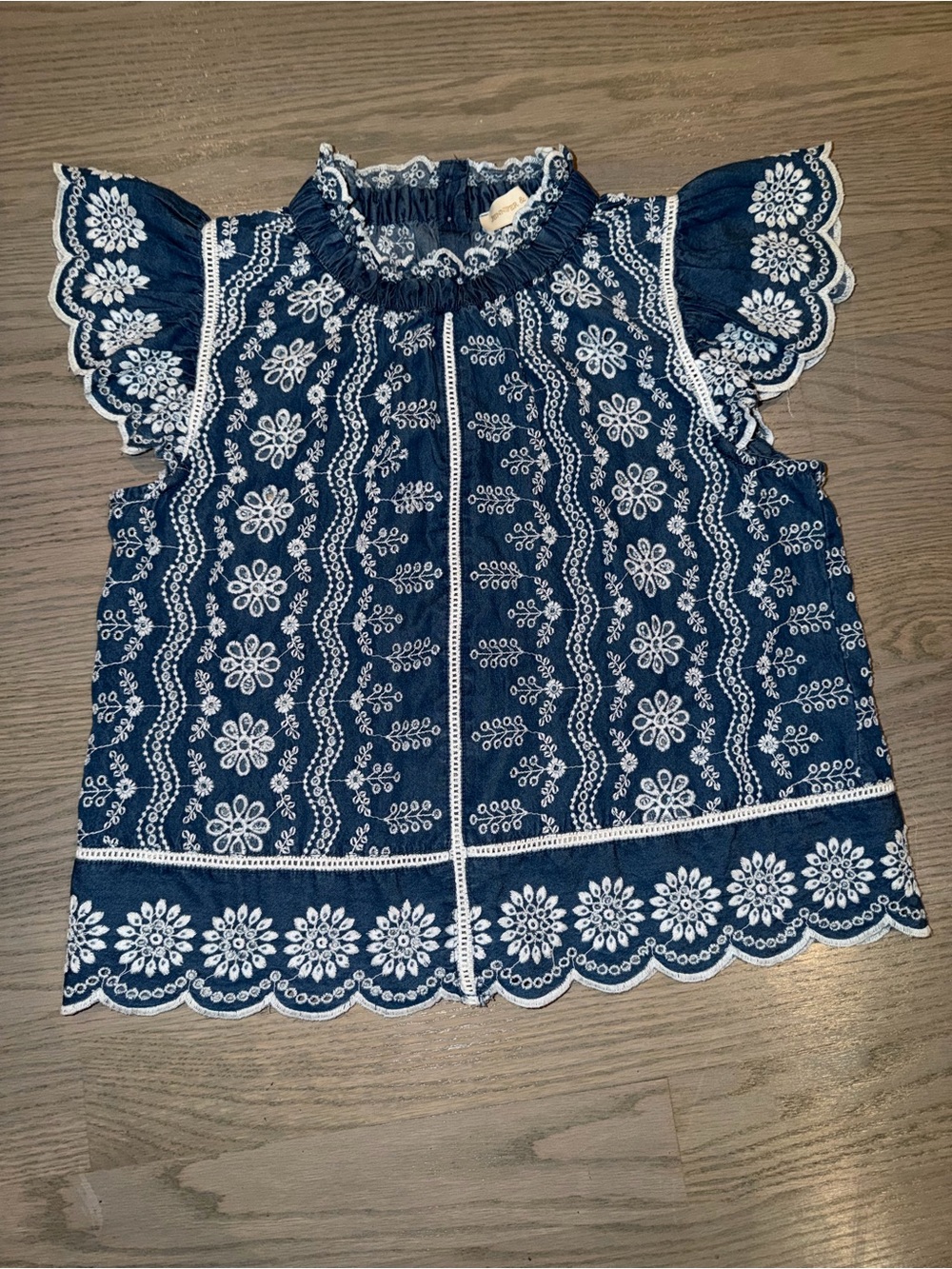 Jennifer & Grace Navy Embroidered Flutter Sleeve Blouse